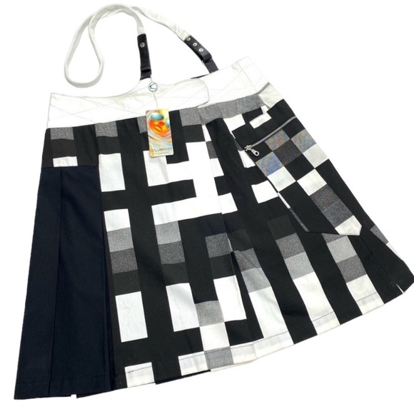 CUSTO Barcelona Leather Suspender Gingham Mini Skirt Black with White Size M New - Picture 9 of 10